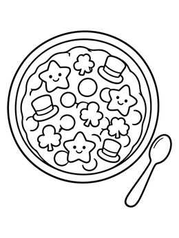 A sweet cereal coloring page showing a breakfast bowl filled with smiling star and clover marshmallows beside a spoon.