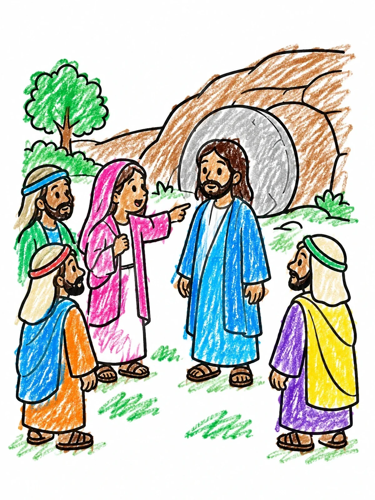Colored example of the Martha Speaking With Jesus At The Tomb coloring page