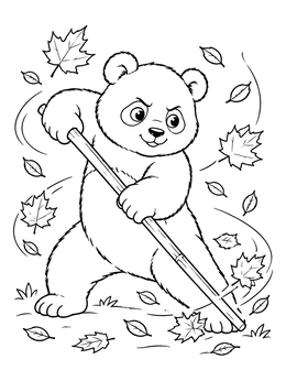 A panda coloring page showing a brave panda practicing martial arts with a bamboo staff amid swirling leaves.