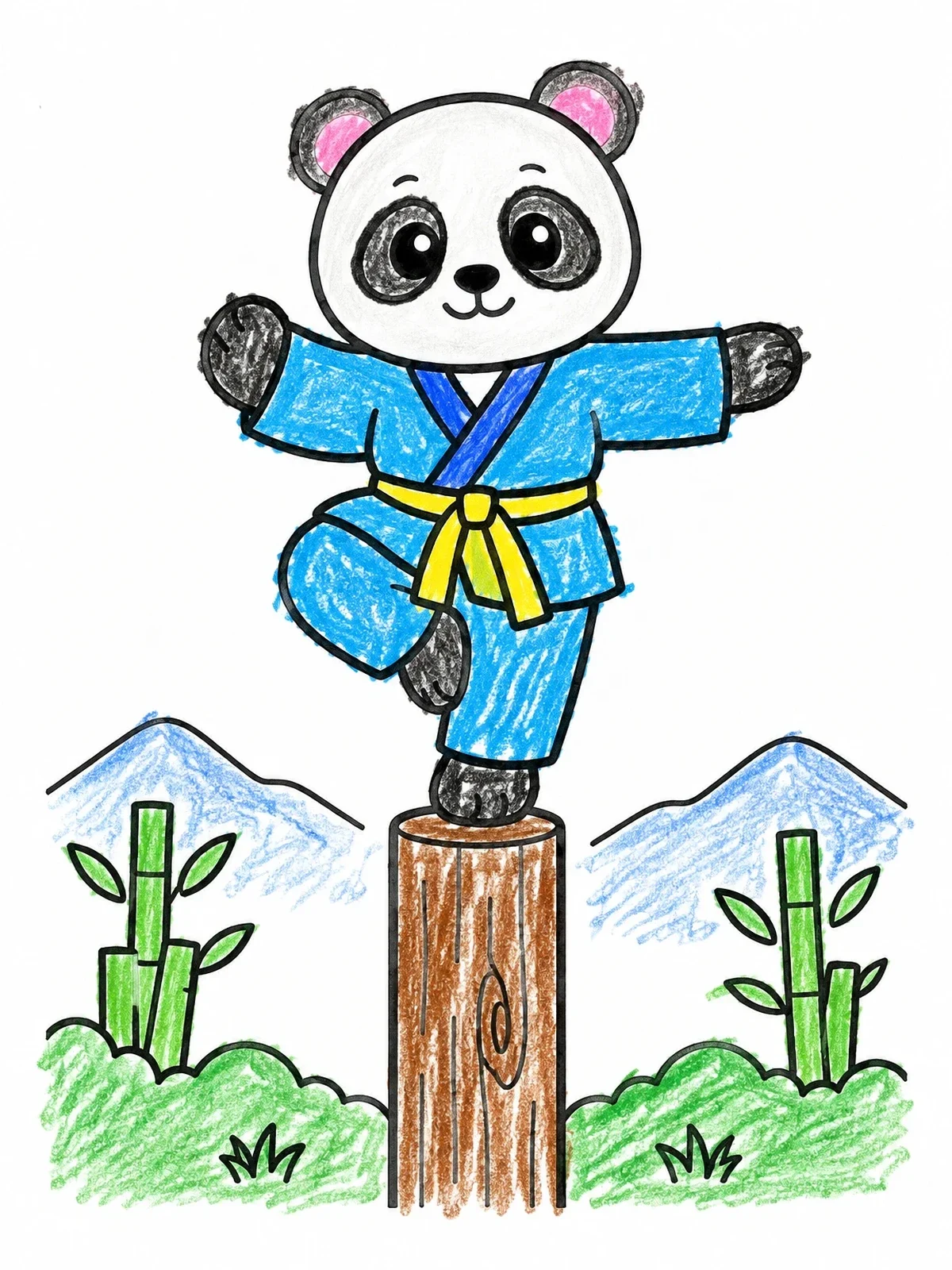 Colored example of the Martial Arts Panda Balancing On Post coloring page
