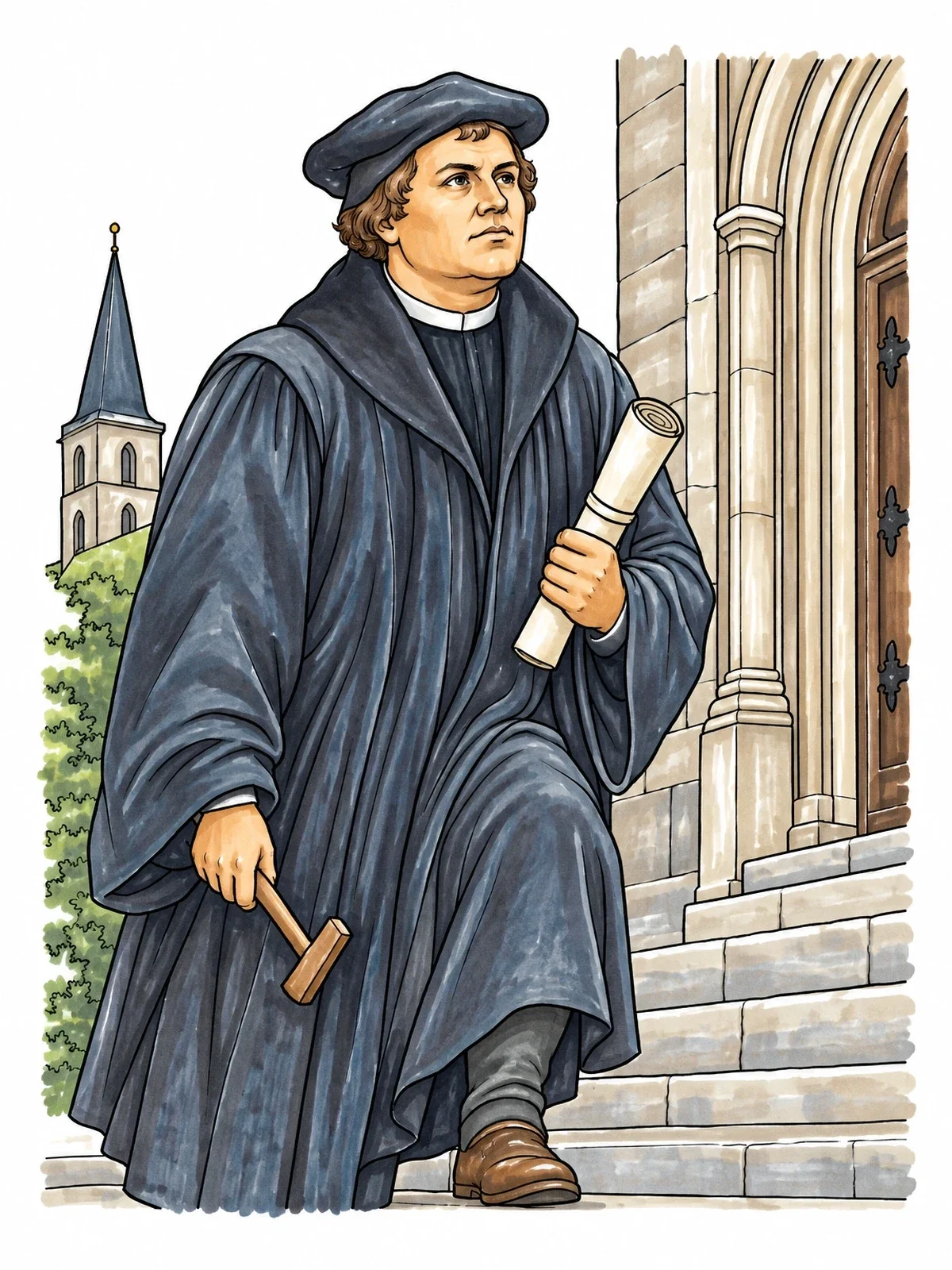 Colored example of the Martin Luther At Church Steps coloring page