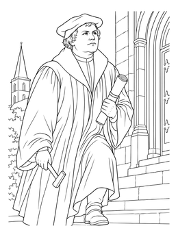 A detailed martin luther reformation coloring page showing Luther holding a hammer and scroll by church steps.