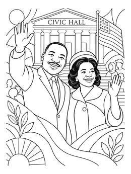 A detailed martin luther king coloring page showing Dr. King and Coretta Scott King waving in front of a civic hall.