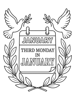 A martin luther king coloring page featuring a January calendar, laurel wreath, and peace doves.