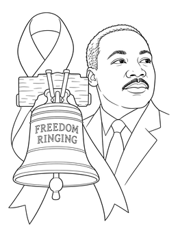 Portrait in this Martin Luther King coloring page with a memorial ribbon and ringing freedom bell.