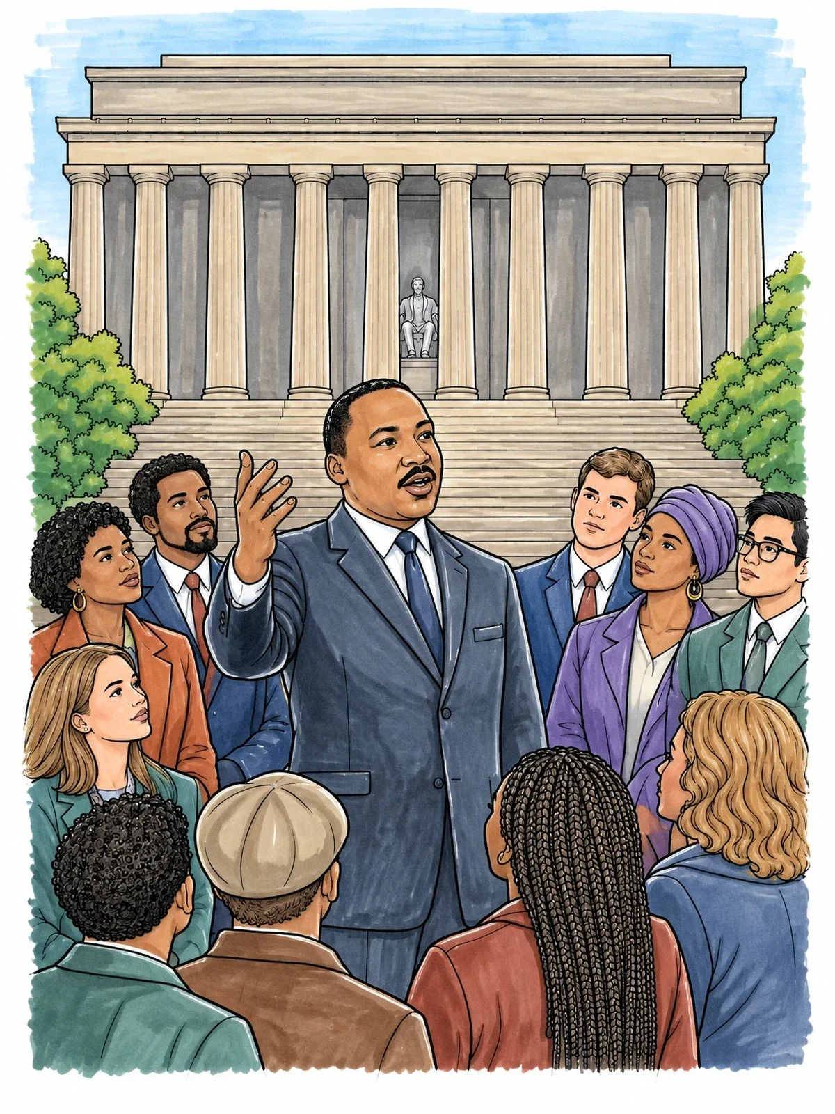 Colored example of the Martin Luther King Jr At Lincoln Memorial coloring page