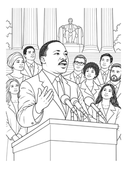 A detailed martin luther king coloring page showing Dr. King speaking at a podium before a gathered crowd.