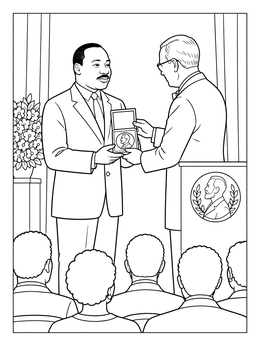 A martin luther king coloring page showing Dr. King receiving his Nobel Peace Prize medal on stage.