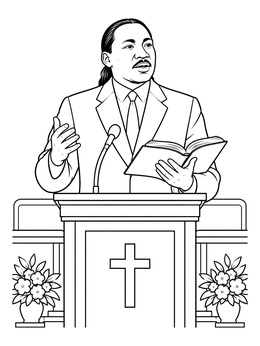 A martin luther king coloring page showing Dr. King speaking at a church pulpit with an open Bible.