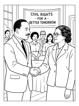 A martin luther king coloring page showing Dr. King shaking hands with Rosa Parks at a civil rights meeting.