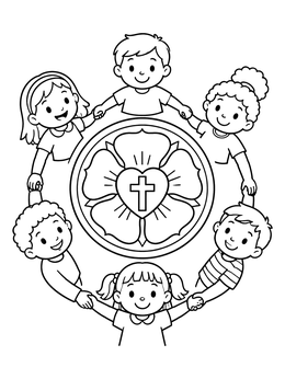 Free printable Children Holding Hands Around Luther Rose coloring page