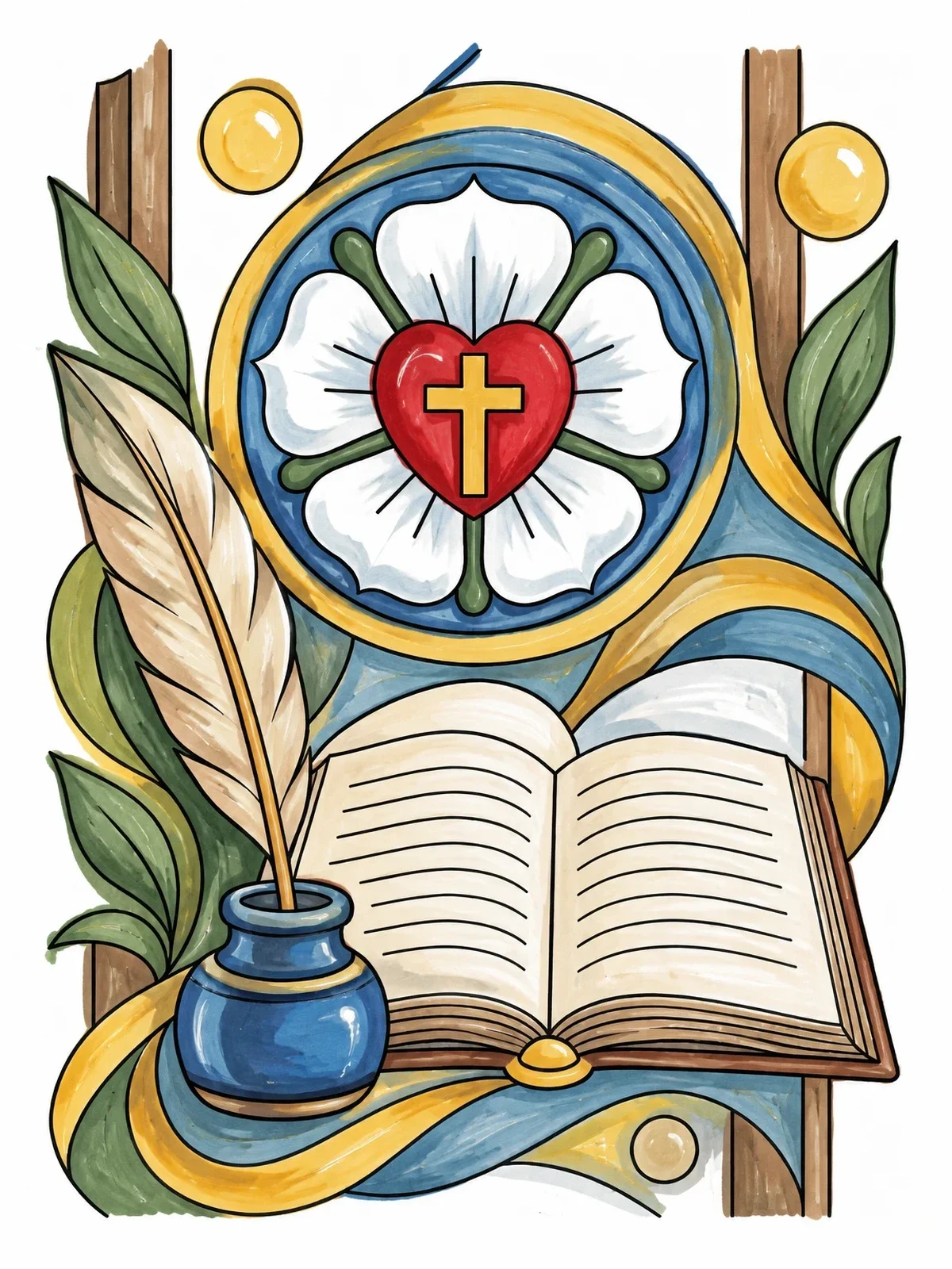 Colored example of the Luther Rose With Bible And Quill coloring page