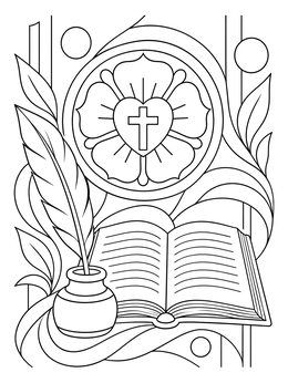 An open Bible and ink quill beside a Luther rose on this martin luther reformation coloring page.