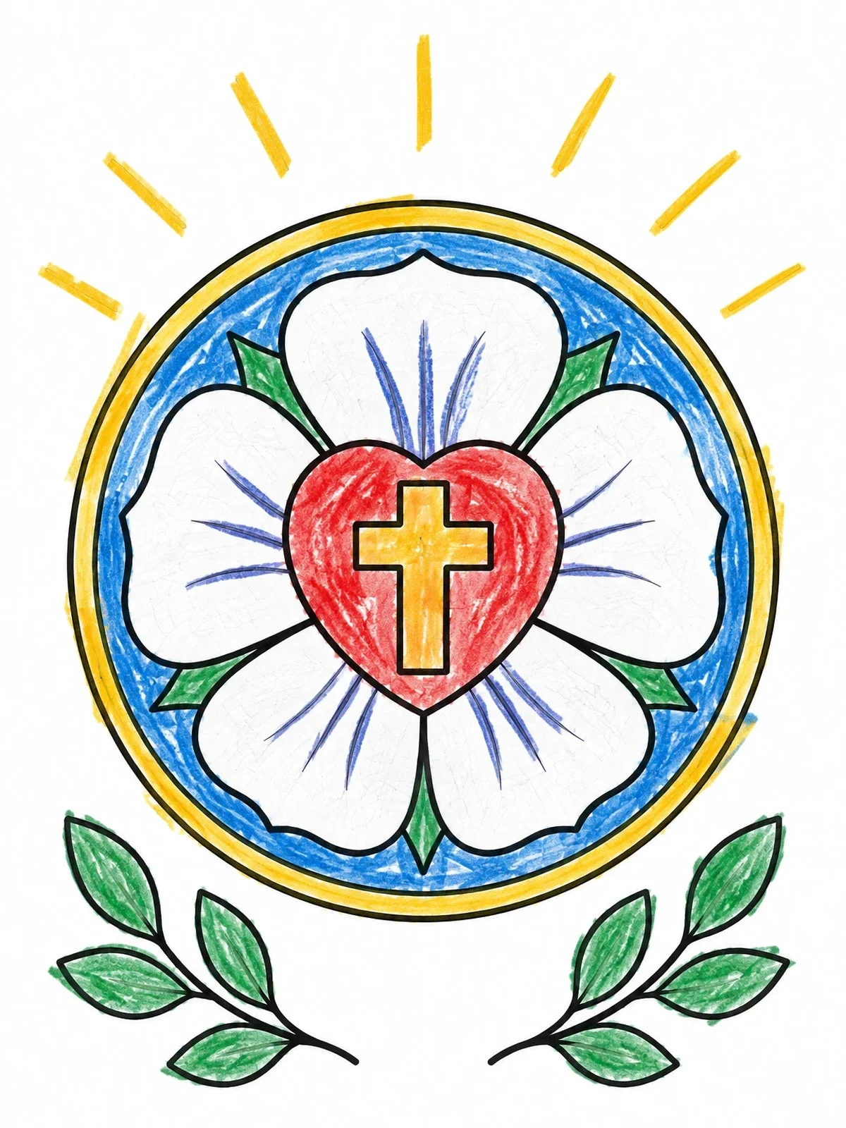 Colored example of the Luther Rose Seal With Leaves coloring page