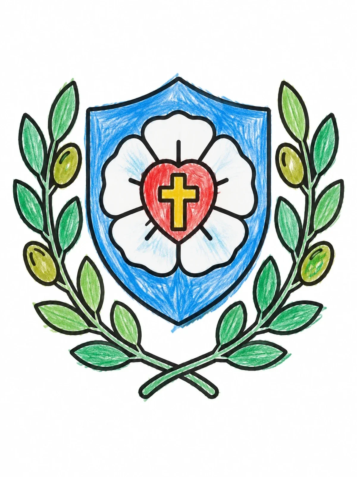 Colored example of the Luther Rose Shield With Olive Branches coloring page