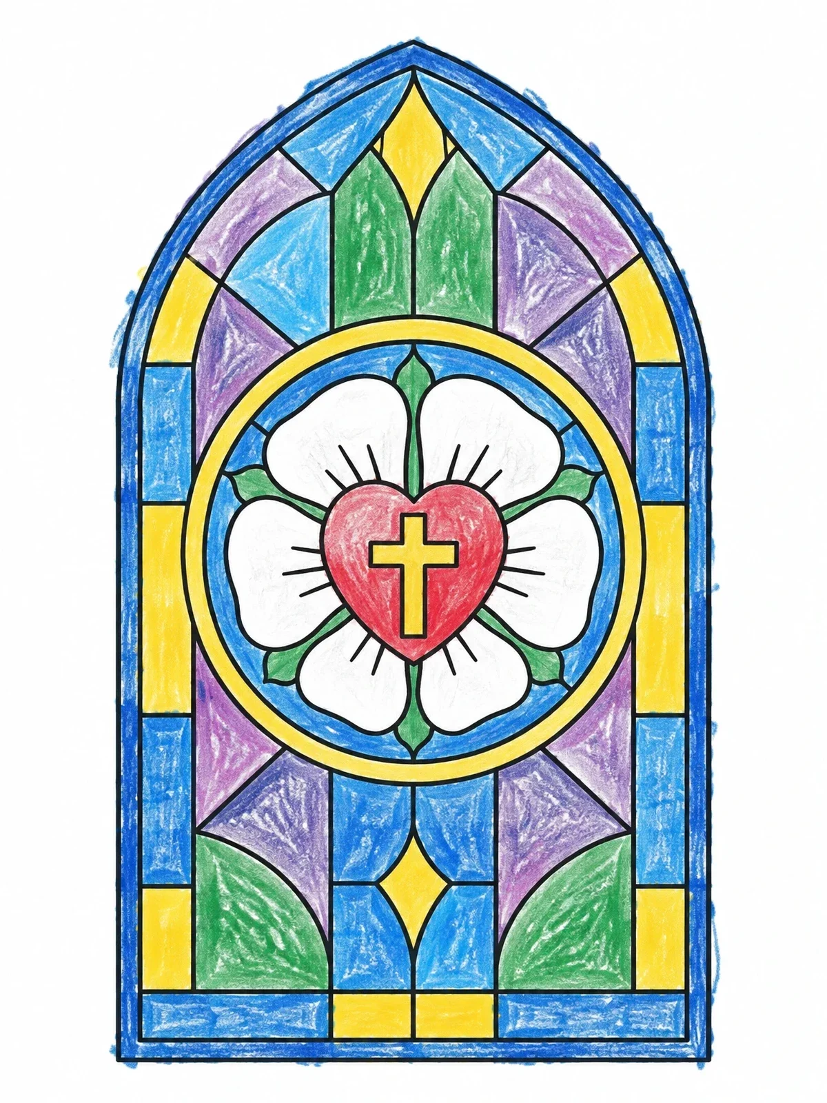 Colored example of the Luther Rose Stained Glass Window coloring page