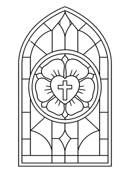 Stained glass art with a Luther rose in this martin luther reformation coloring page.