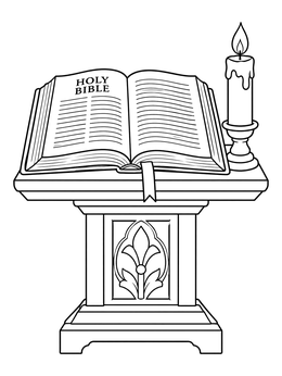 A martin luther reformation coloring page featuring an open Bible on an ornate wooden lectern with a candle.