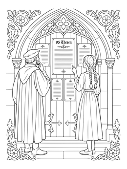 A scholar and student study the door in this martin luther reformation coloring page.