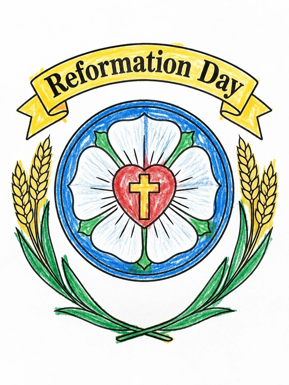 Colored example of the Reformation Day Luther Rose Banner coloring page
