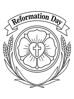 A martin luther reformation coloring page featuring the Luther Rose seal with wheat stalks and banner.