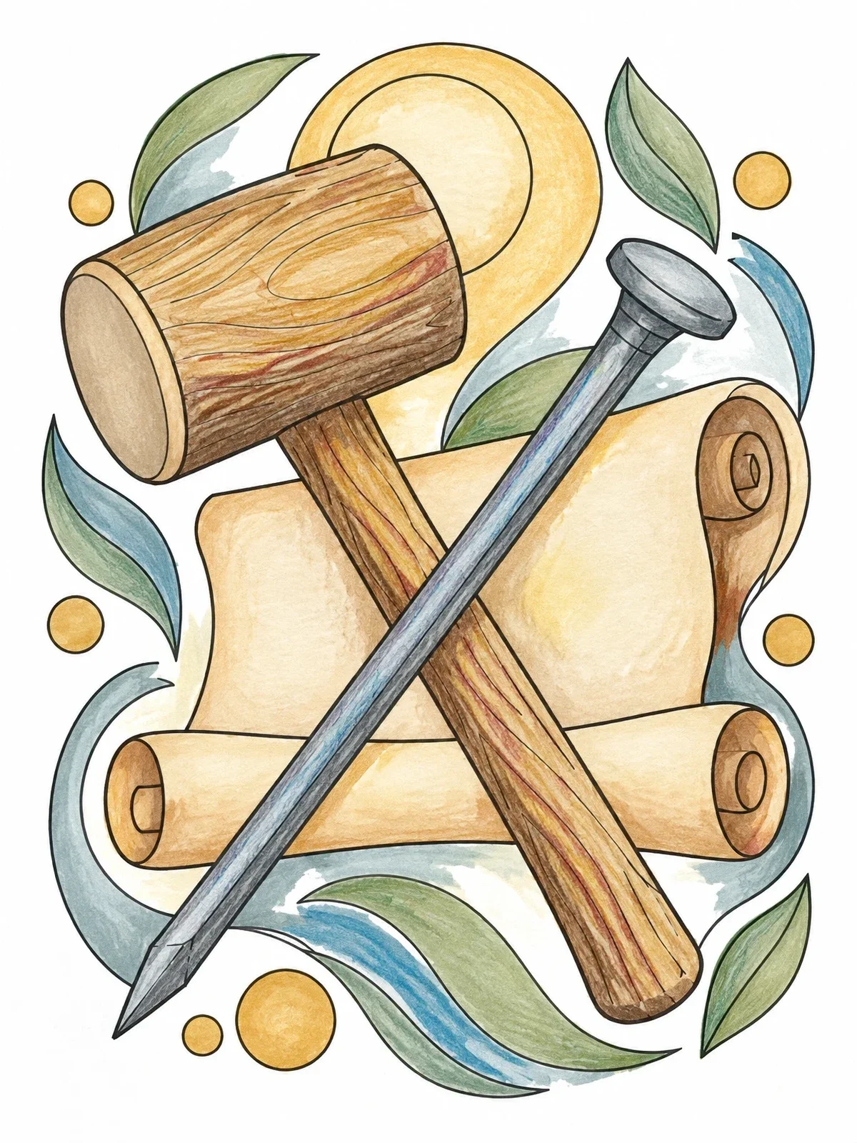 Colored example of the Reformation Mallet, Nail, And Parchment Scroll coloring page