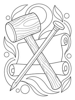 A crossed mallet, nail, and scroll on this martin luther reformation coloring page.