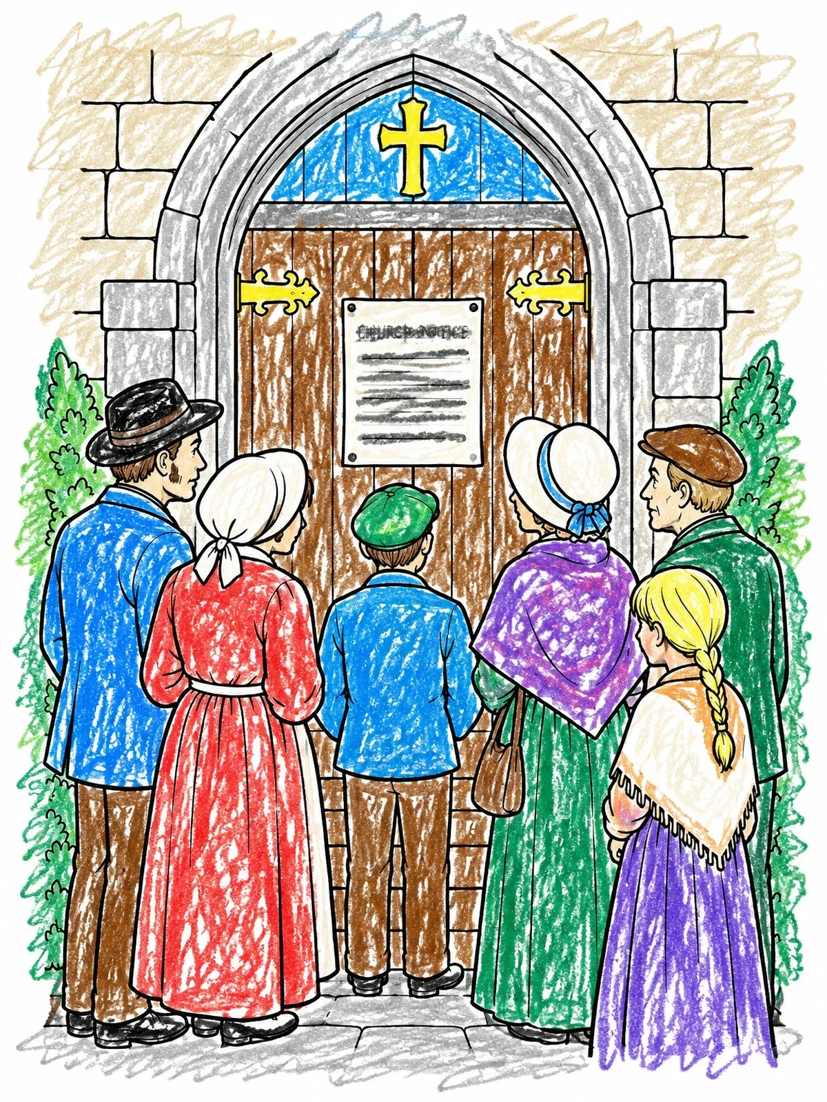 Colored example of the Townspeople Reading Church Door Notice coloring page