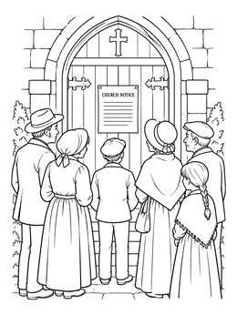 Free printable Townspeople Reading Church Door Notice coloring page