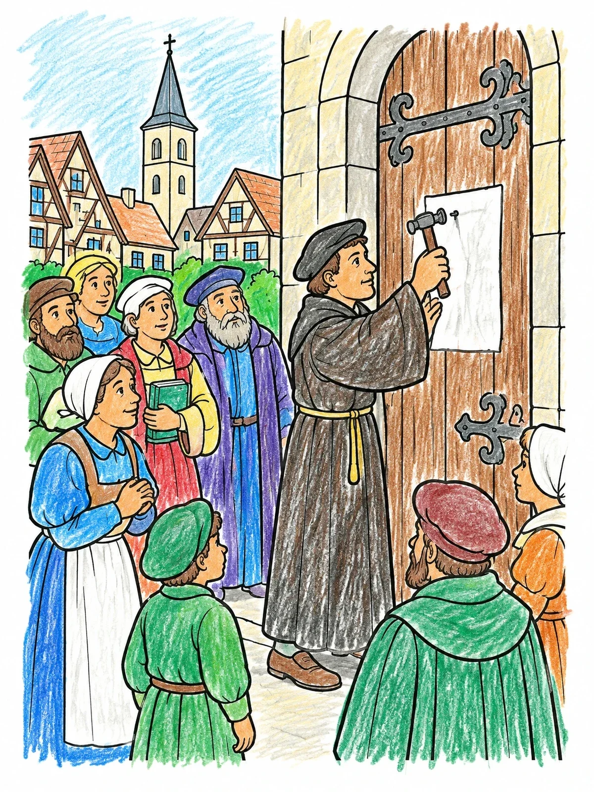 Colored example of the Martin Luther At The Church Door coloring page