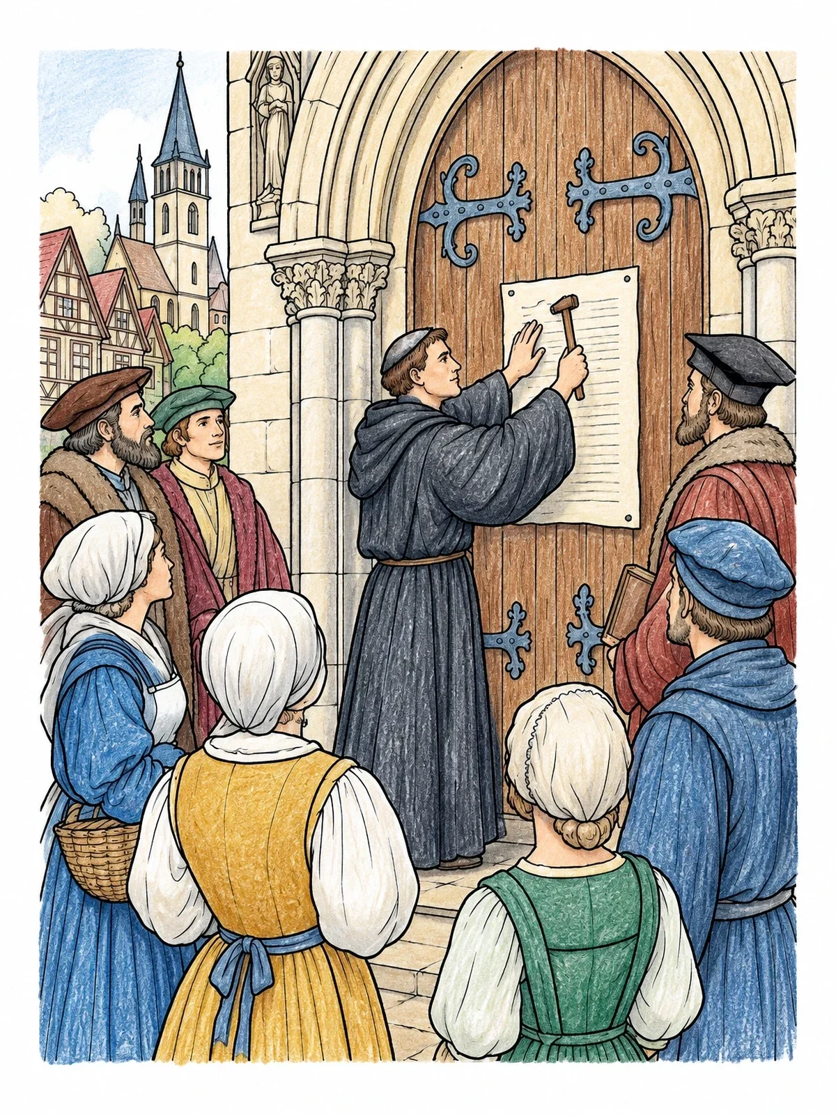 Colored example of the Martin Luther At Wittenberg Church Door coloring page
