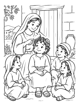 Free printable Mary Brushing Boy Jesus Hair coloring page