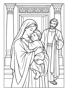 A serene jesus as a boy coloring page showing Mary holding her young son outside the temple gates.