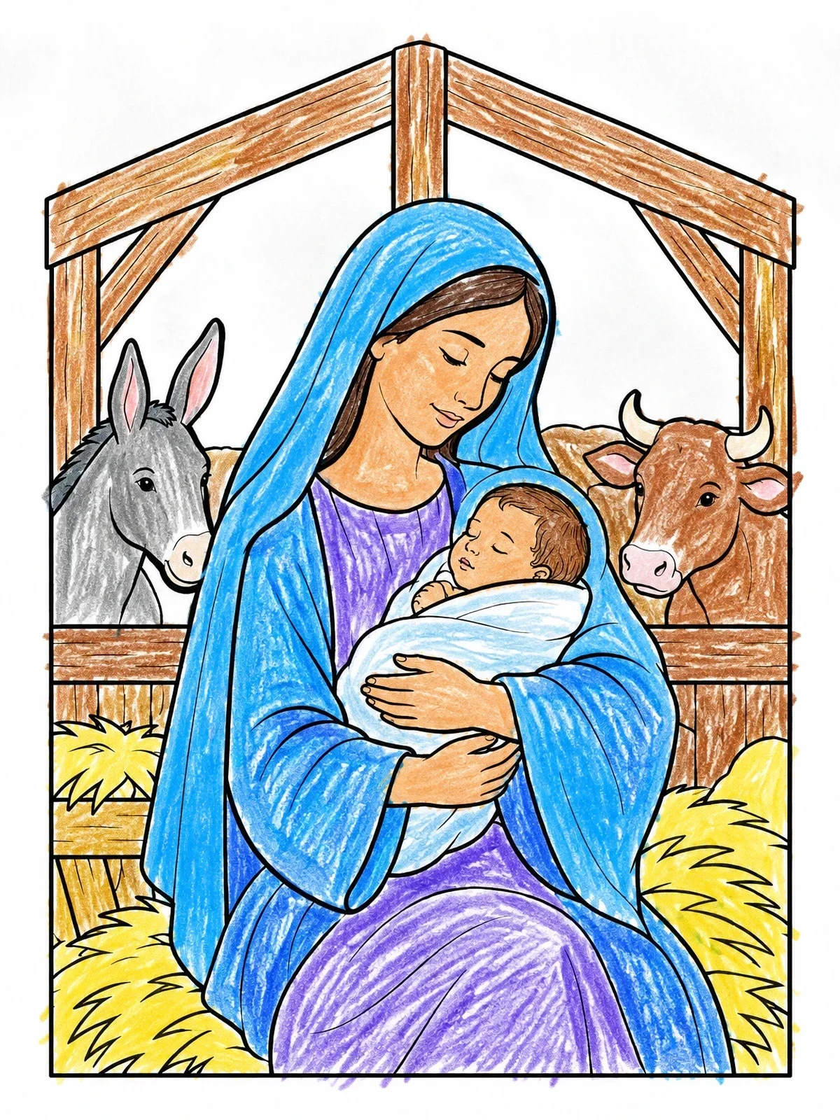 Colored example of the Mary Holding Baby Jesus In The Stable coloring page
