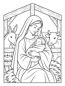 A tender jesus coloring page showing Mary holding newborn baby Jesus in the manger beside gentle stable animals.
