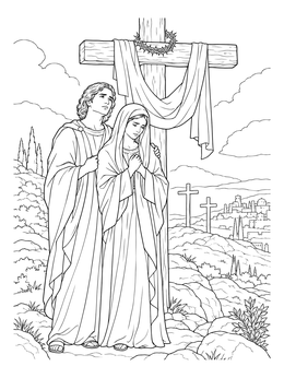 Mary and John stand sorrowfully on Calvary in this Good Friday coloring page.