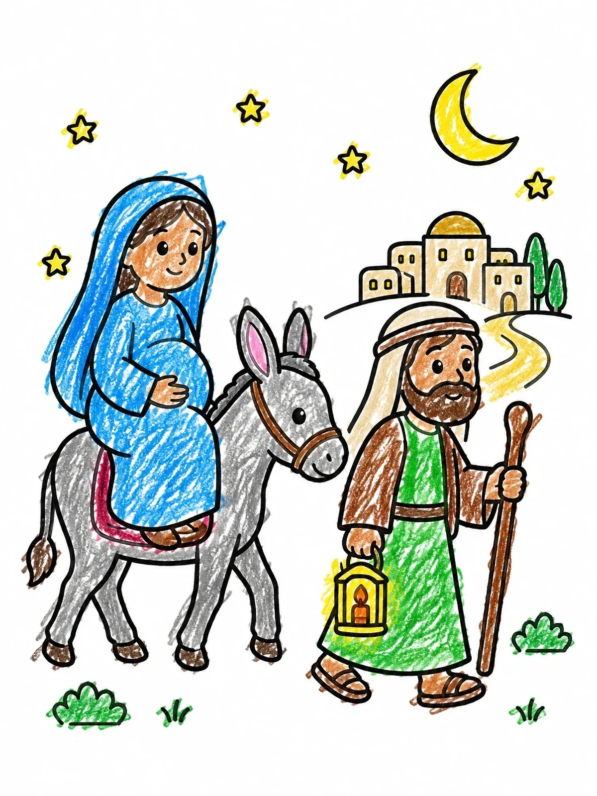 Colored example of the Mary And Joseph Journey To Bethlehem coloring page