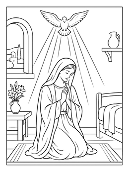 An annunciation coloring page showing Mary praying as a dove descends in light.