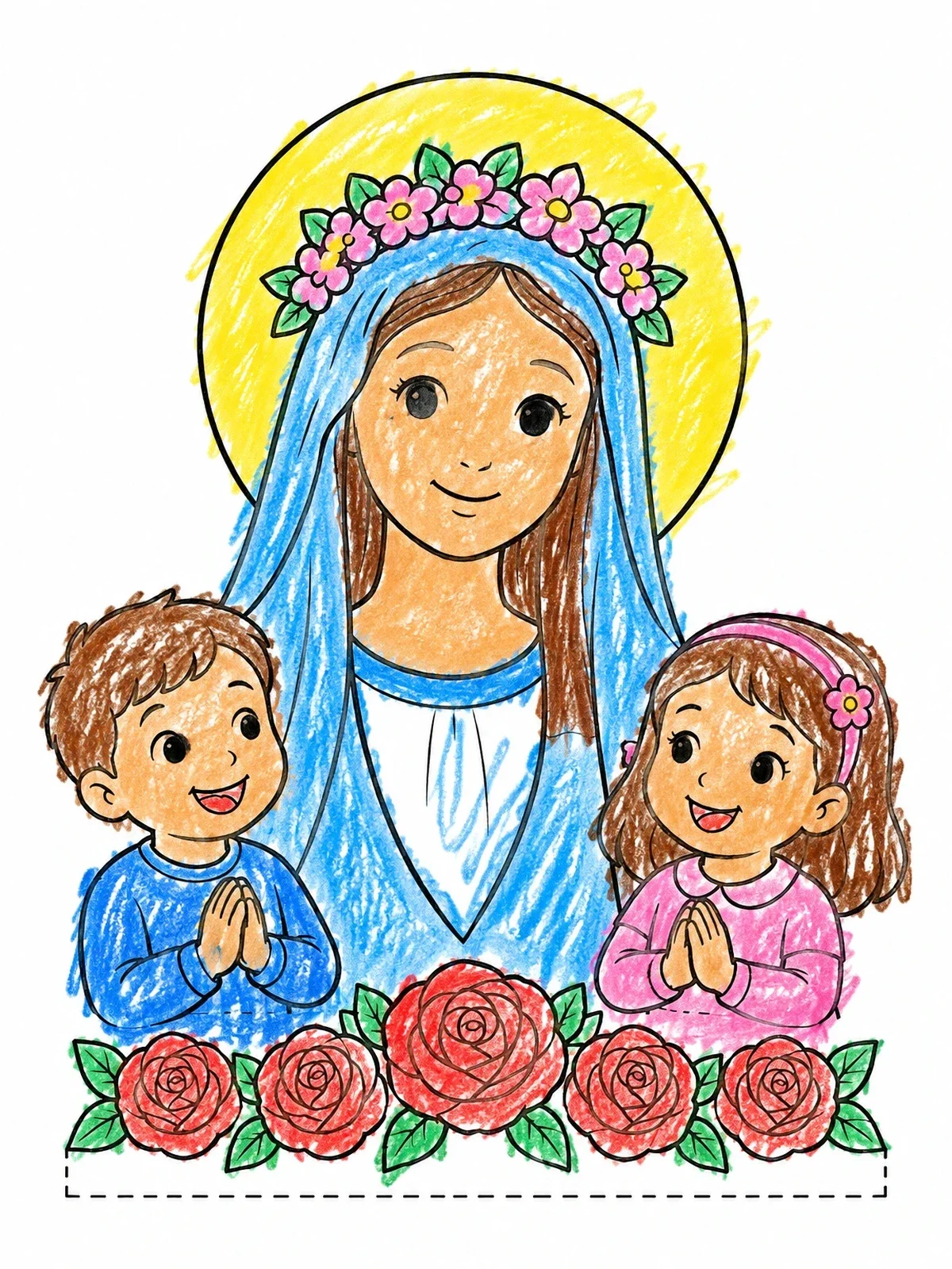 Colored example of the Mary With Praying Children And Roses coloring page