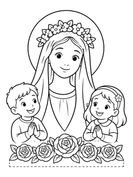 Free printable Mary With Praying Children And Roses coloring page