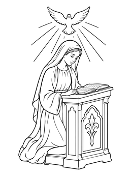 Mary reading scripture at an ornate desk in an annunciation coloring page.