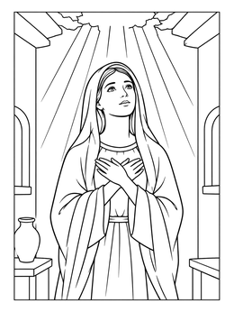 Mary crosses her hands in prayer in this peaceful annunciation coloring page.