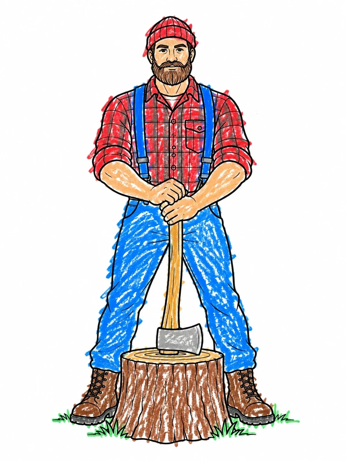 Colored example of the Bearded Lumberjack With Axe And Stump coloring page