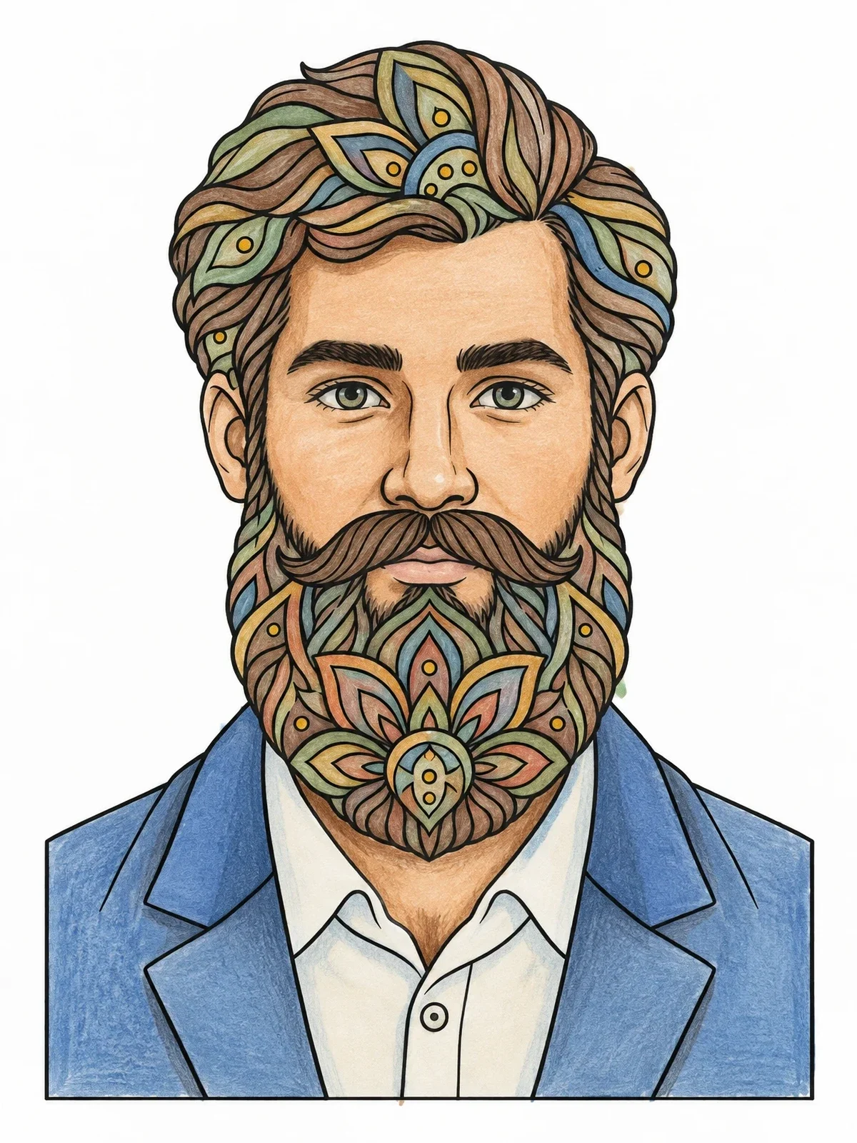 Colored example of the Bearded Man With Mandala Details coloring page
