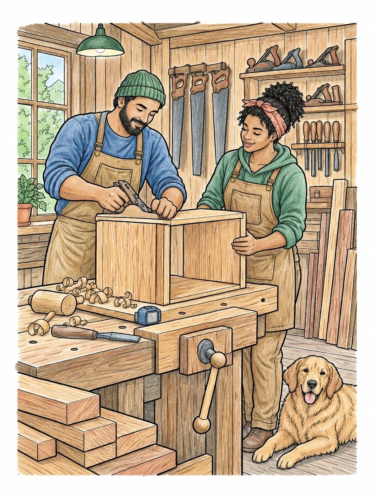 Colored example of the Carpenters In Rustic Woodworking Shop coloring page