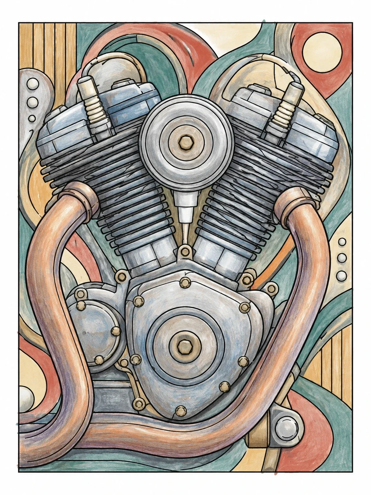 Colored example of the Detailed Vintage Motorcycle V Twin Engine coloring page