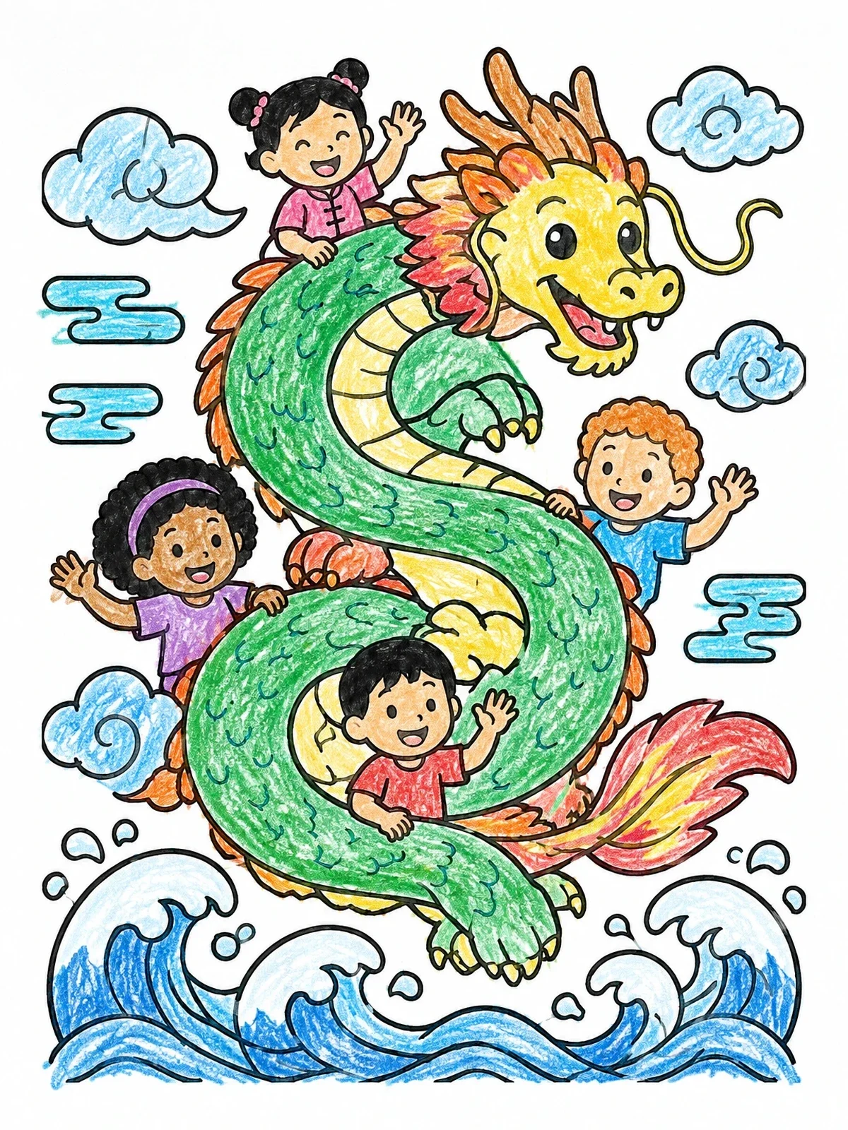 Colored example of the Friendly Asian Dragon With Children coloring page