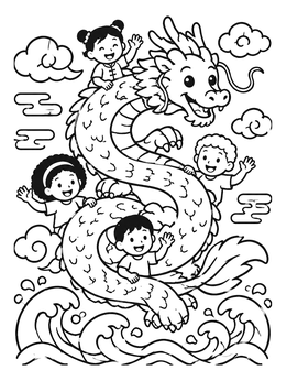 Free printable Friendly Asian Dragon With Children coloring page