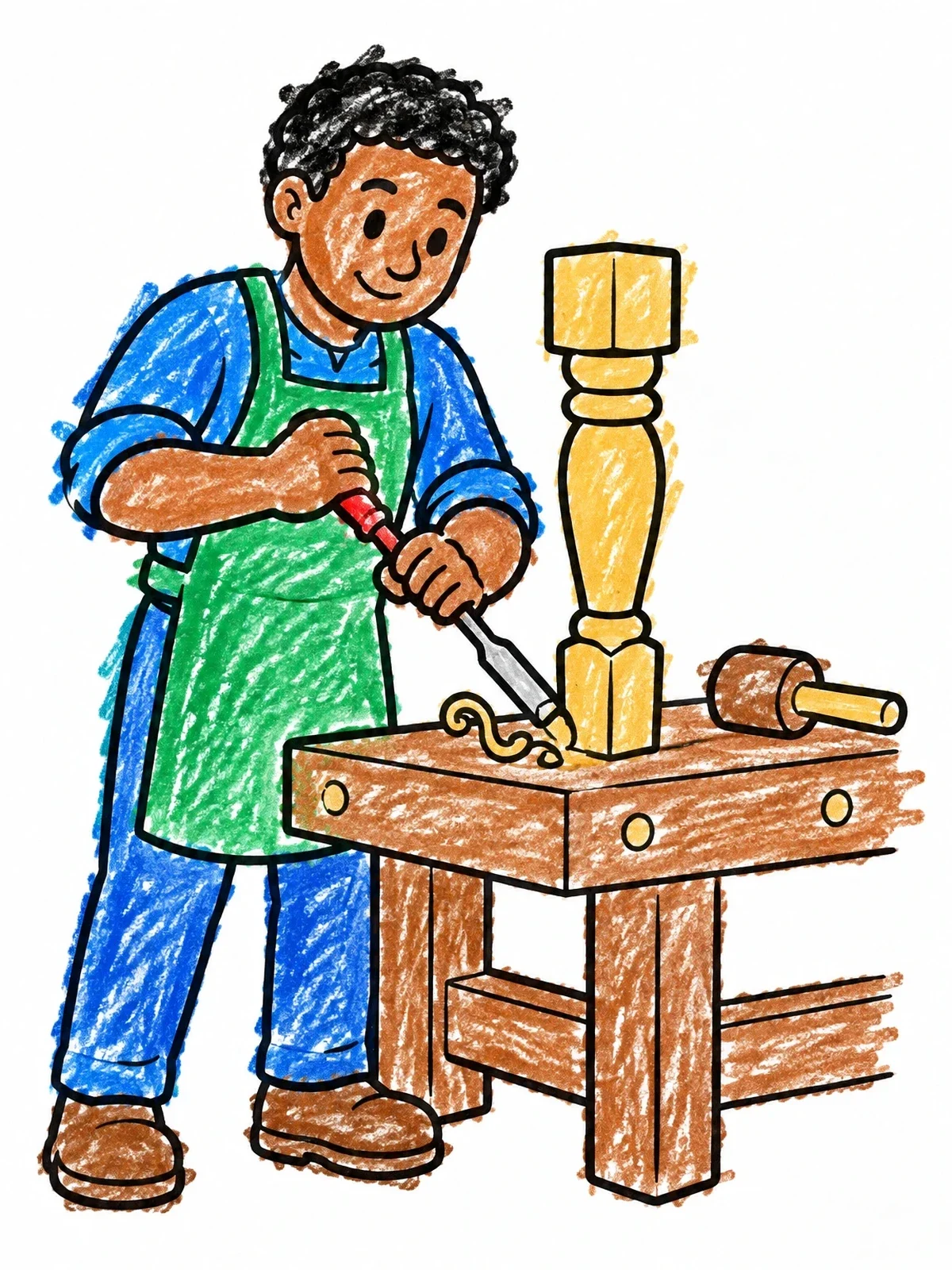 Colored example of the Friendly Woodworker At The Workbench coloring page