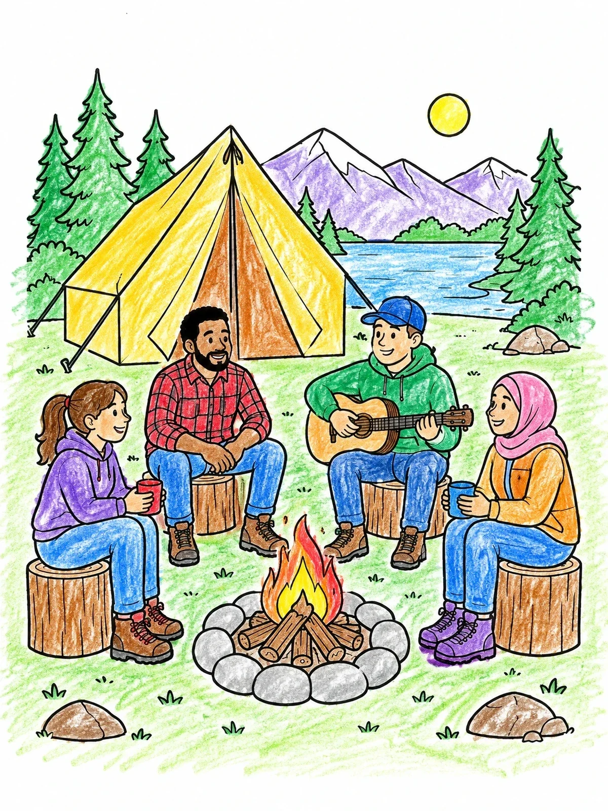 Colored example of the Friends Camping Around Campfire coloring page